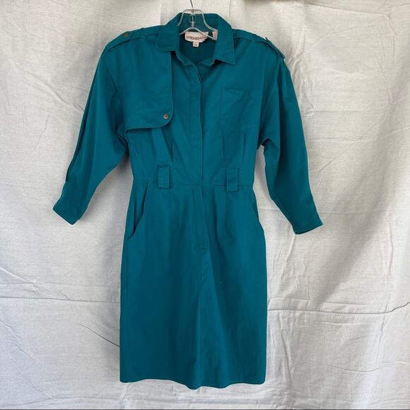 Vintage Dresses & Skirts - Vintage 80s Alain Toussaint Turquoise Cotton Midi Dress